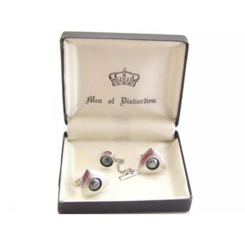 Vintage Men Of Distinction Silver Tone Hematite Triangle Shape Cufflinks*L17